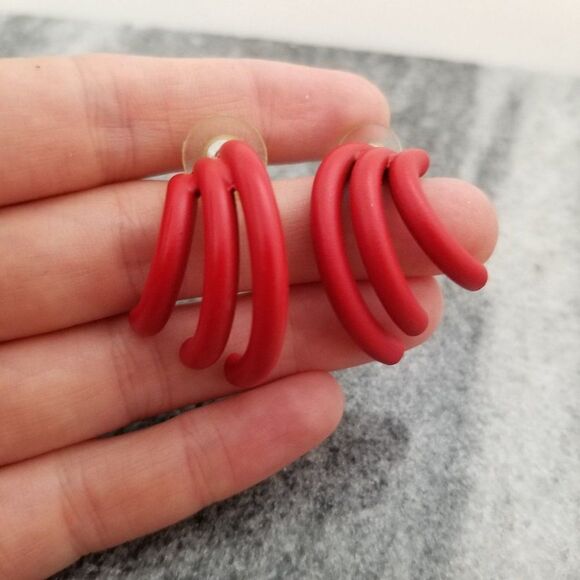 Vintage Funky Red Modernist Post Earrings, Retro 80s Style - Picture 1 of 4